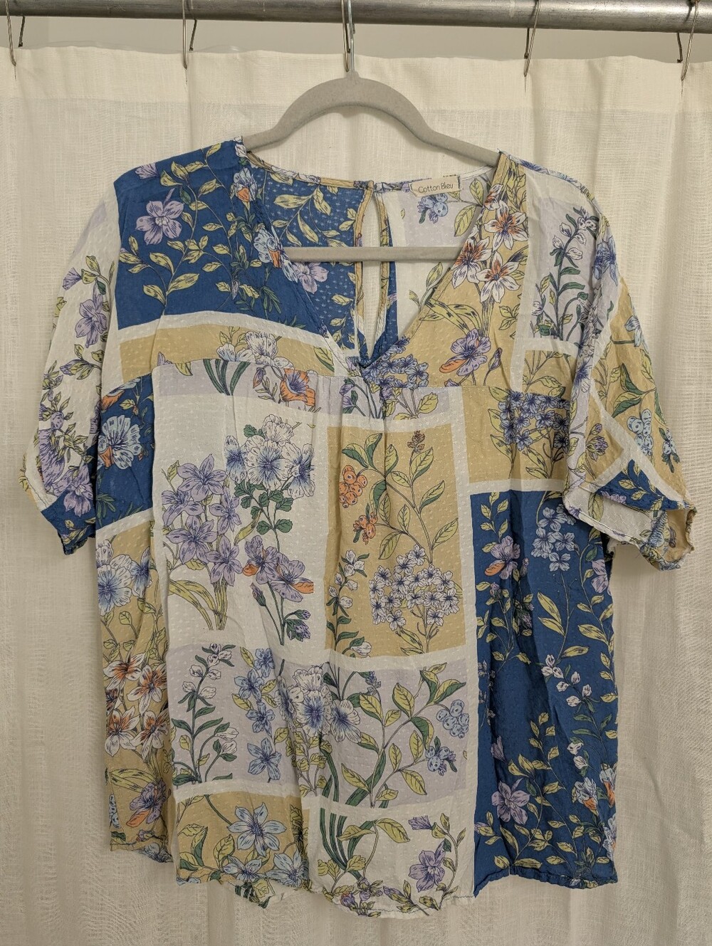 Cotton Bleu Floral Patchwork Boho Blouse Womens Large